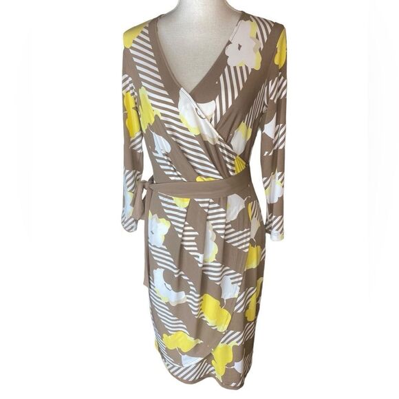 New York & Co Wm’s Sz Sm Brown Sunshine Yellow Tie Waisted Wrap Midi Dress - Picture 1 of 5